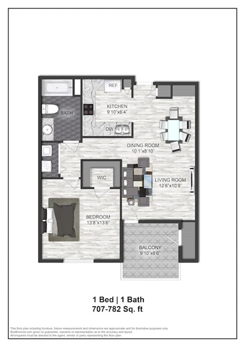 Floor plan for 1 bed, 1 bath, 755 sqft